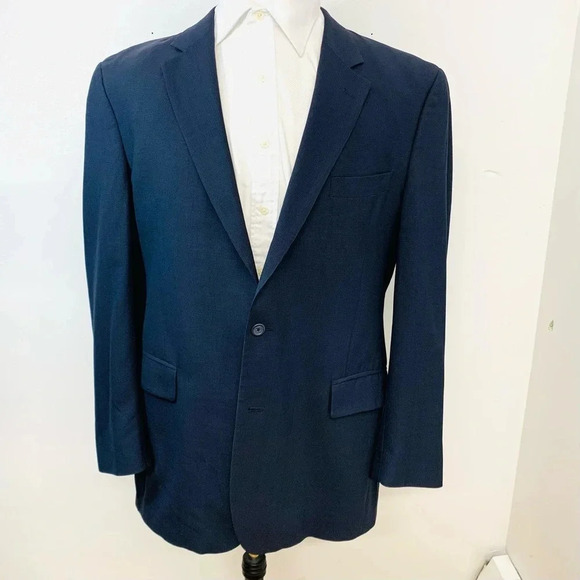 Jos A Bank Sport Coat Blazer Men 44L  Wool Blue Check 2 Button Lined Jacket - Picture 1 of 13